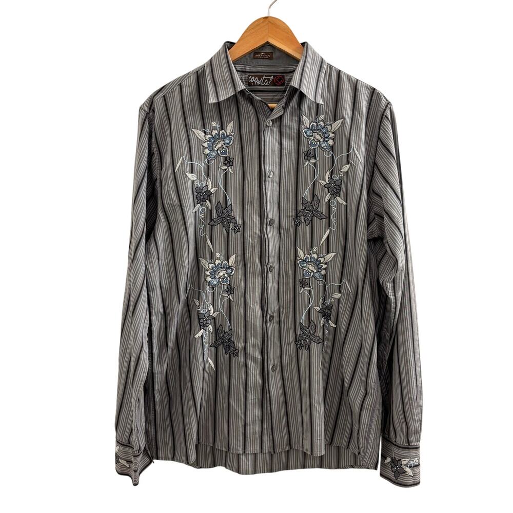 Coastal Embroidered Floral Stripe Shirt Mens M Gray Button Down Long Sleeve